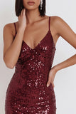 Robe cocktail courte à bretelles fines Sequins Bordeaux Bodycon bretelles courtes avec volants