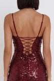 Robe cocktail courte à bretelles fines Sequins Bordeaux Bodycon bretelles courtes avec volants