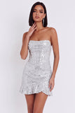 Robe courte cocktail courte bodycon corset argentée avec volants
