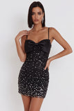 Robe cocktail courte courte à nœud court, Bodycon Bodycon Mouillée Noire à bretelles fines