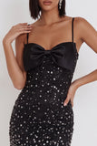 Robe cocktail courte courte à nœud court, Bodycon Bodycon Mouillée Noire à bretelles fines