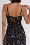 Robe cocktail courte courte à nœud court, Bodycon Bodycon Mouillée Noire à bretelles fines