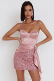Robe cocktail courte à bretelles courtes corset corset bodycon, avec sequins