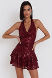 Robe cocktail courte à volants à volants bordeaux Sequins bordeaux