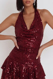 Robe cocktail courte à volants à volants bordeaux Sequins bordeaux