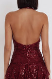 Robe cocktail courte à volants à volants bordeaux Sequins bordeaux