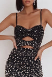 Robe cocktail courte à bretelles coupantes bodycons noires découpées avec des strass