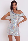 Robe cocktail courte asymétrique à paillettes argentées argentées Bodycon asymétrique à une épaule