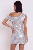 Robe cocktail courte asymétrique à paillettes argentées argentées Bodycon asymétrique à une épaule