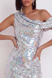 Robe cocktail courte asymétrique à paillettes argentées argentées Bodycon asymétrique à une épaule