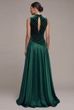 Robe en velours longue vert foncé ligne A en velours et satin avec fronces