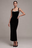 Robe longue en velours Sweetheart à fourreau noir avec strass