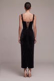 Robe longue en velours Sweetheart à fourreau noir avec strass