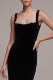 Robe longue en velours Sweetheart à fourreau noir avec strass