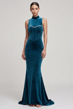 Robe en velours long à col haut en corset bleu paon avec strass