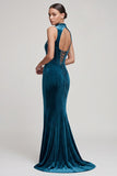 Robe en velours long à col haut en corset bleu paon avec strass