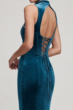 Robe en velours long à col haut en corset bleu paon avec strass