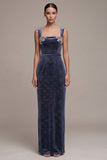 Robe en velous long en velout, col carré à col carré bleu poussiéreux et perlée