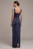 Robe en velous long en velout, col carré à col carré bleu poussiéreux et perlée