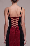Robe en velut maxi, paillettes, brides fines à brides fourreau rouges et noires, paillettes,