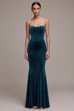Corset bleu paon sirène en velours sans bretelles en velours long avec strass