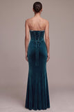Corset bleu paon sirène en velours sans bretelles en velours long avec strass