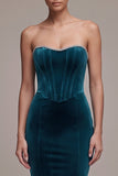 Corset bleu paon sirène en velours sans bretelles en velours long avec strass