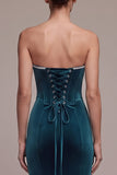 Corset bleu paon sirène en velours sans bretelles en velours long avec strass