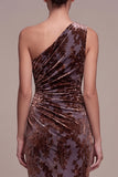Robe en velours maxi, en velours marron prune à fleurs, fête latérale