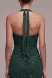 Robe de cérémonie Maxi à dos nez vert foncé à dos nus perlés et fendue