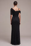 Robe de cerise maxi, fourreau noir, asymétrique à épaules décoiffées