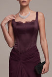 Corset bordeaux fourreau à col carré et froncé Maxi robe formelle avec dentelle