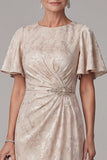 Robe de maxi, maxi, madaine de la mariée à fourreau champagne, manches froncées et strass