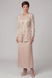 Champagne en doute pièces, fourreau rond, jaququard long à col rond, robe de mère de la mariée avec veste