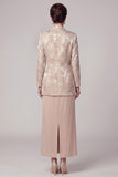 Champagne en doute pièces, fourreau rond, jaququard long à col rond, robe de mère de la mariée avec veste