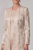 Champagne en doute pièces, fourreau rond, jaququard long à col rond, robe de mère de la mariée avec veste