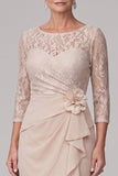 Robe de la mariée Champagne à étui ronde à col rond 3/4 en dentelle haute haute en chiffon maxi Mère de la mariée