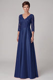 Marine A-Line à col en V à manches 3/4, longue robe de mère de la mariée en satin avec dentelle