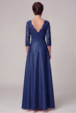 Marine A-Line à col en V à manches 3/4, longue robe de mère de la mariée en satin avec dentelle