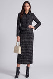 Robe de travail midi à col à carreaux noire deux pièces à manches longues