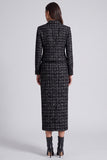 Robe de travail midi à col à carreaux noire deux pièces à manches longues