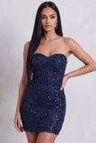 Robe courte cocktail courte à paillettes bleettes bodycon broderie florale sans bretelles