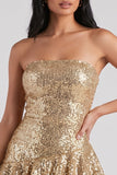 Robe courte cocktail courte en paillettes bodycon, moulante dorée