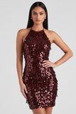 Robe cocktail courte à paillettes bordeaux bodycon avec des franges