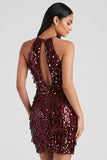 Robe cocktail courte à paillettes bordeaux bodycon avec des franges