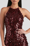 Robe cocktail courte à paillettes bordeaux bodycon avec des franges