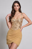 Corset doré bodycon chiffon court court froncé avec paillettes