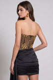 Corset noir doré transparent sans bretelles body-con, robe courte cocktail avec perles