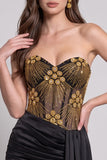 Corset noir doré transparent sans bretelles body-con, robe courte cocktail avec perles