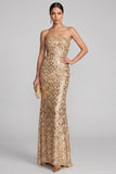 Robe de soirée longue dorée sans bretelles à paillettes